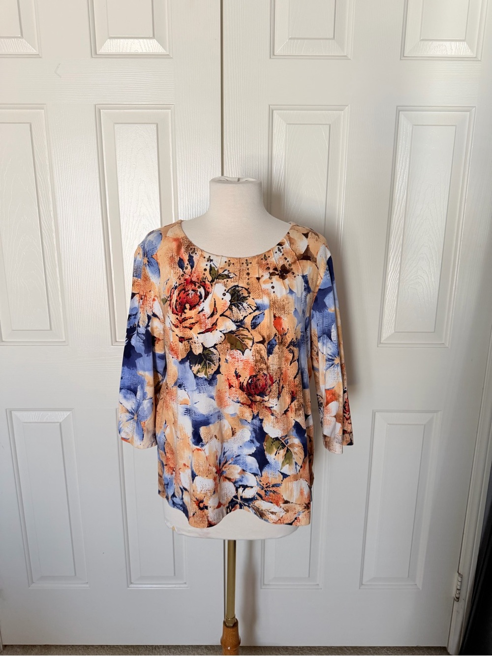 Alfred Dunner Blue & Peach Floral Beaded Scoop Neck Blouse